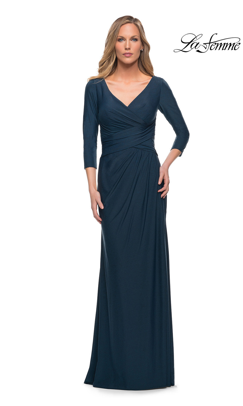 Navy blue evening gown with 3/4 sleeves on a white background, featuring the brand 'La Femme'.