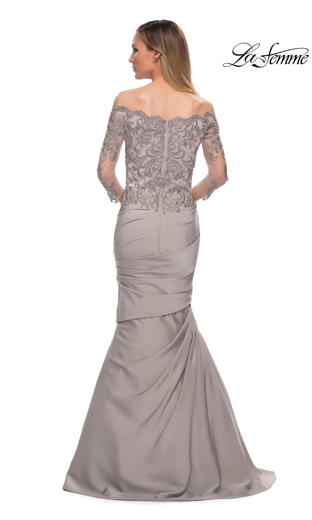 Silver evening gown with lace top and satin skirt on a white background