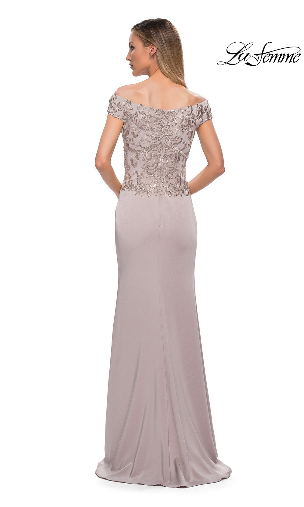 Long evening gown with lace top and plain skirt on a white background