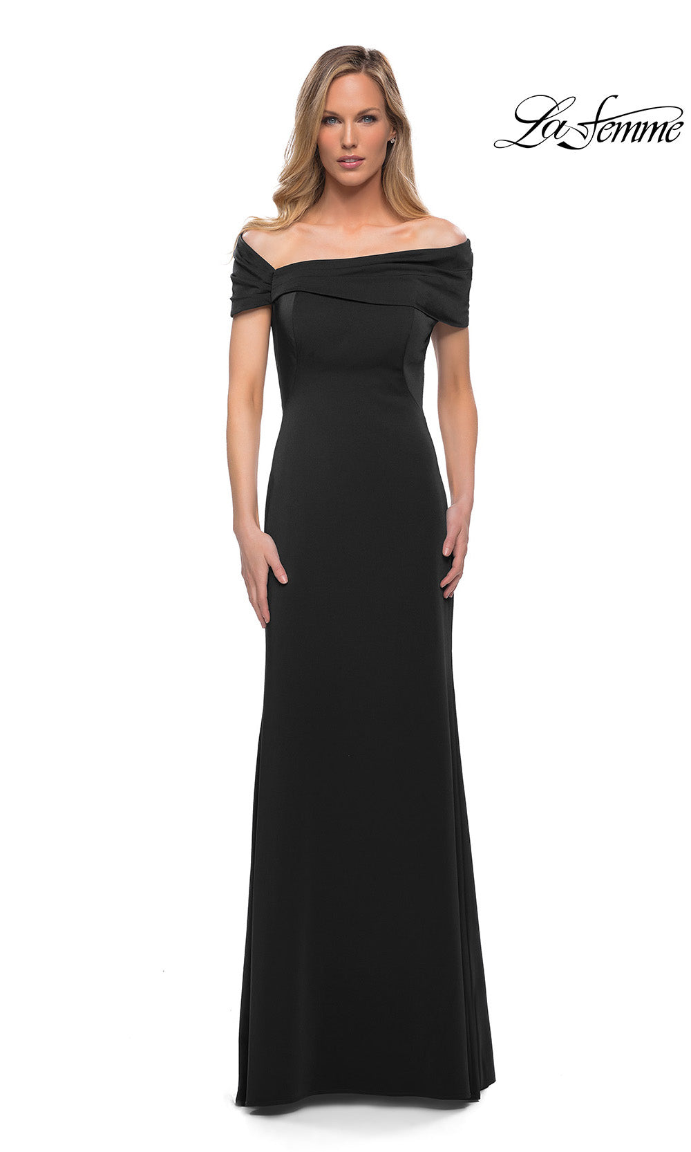 Black off-shoulder evening gown on a white background