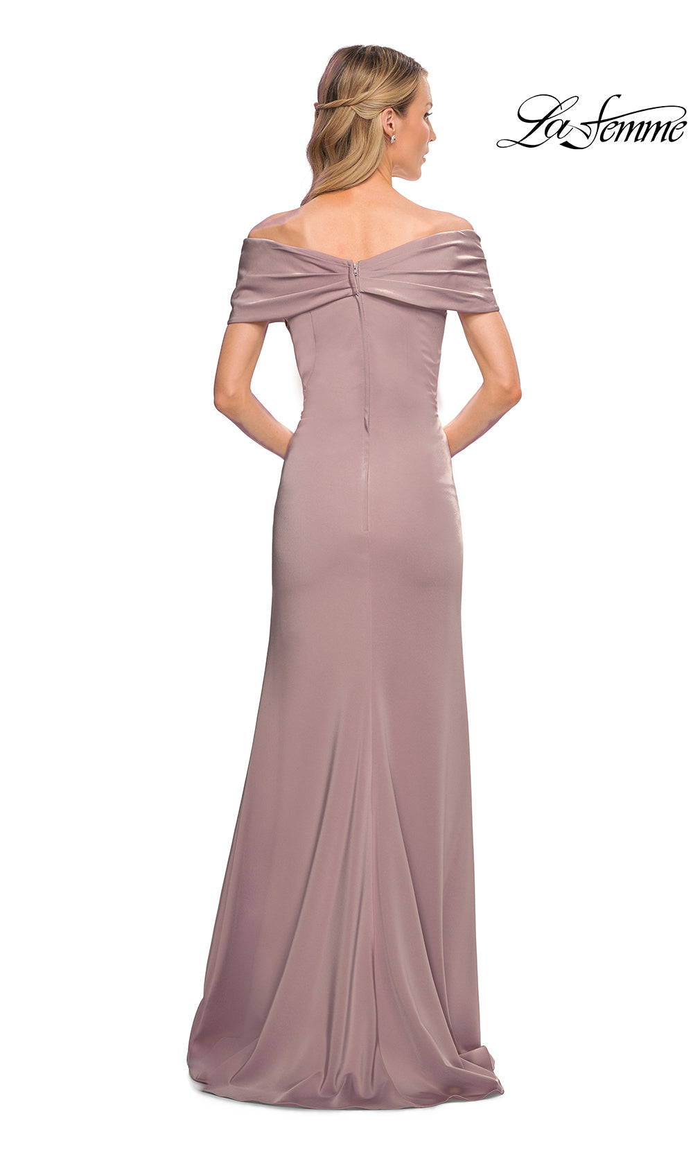 Mauve off-shoulder evening gown on a white background