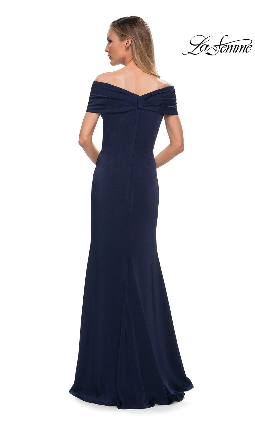 Navy blue off-shoulder evening gown on a white background
