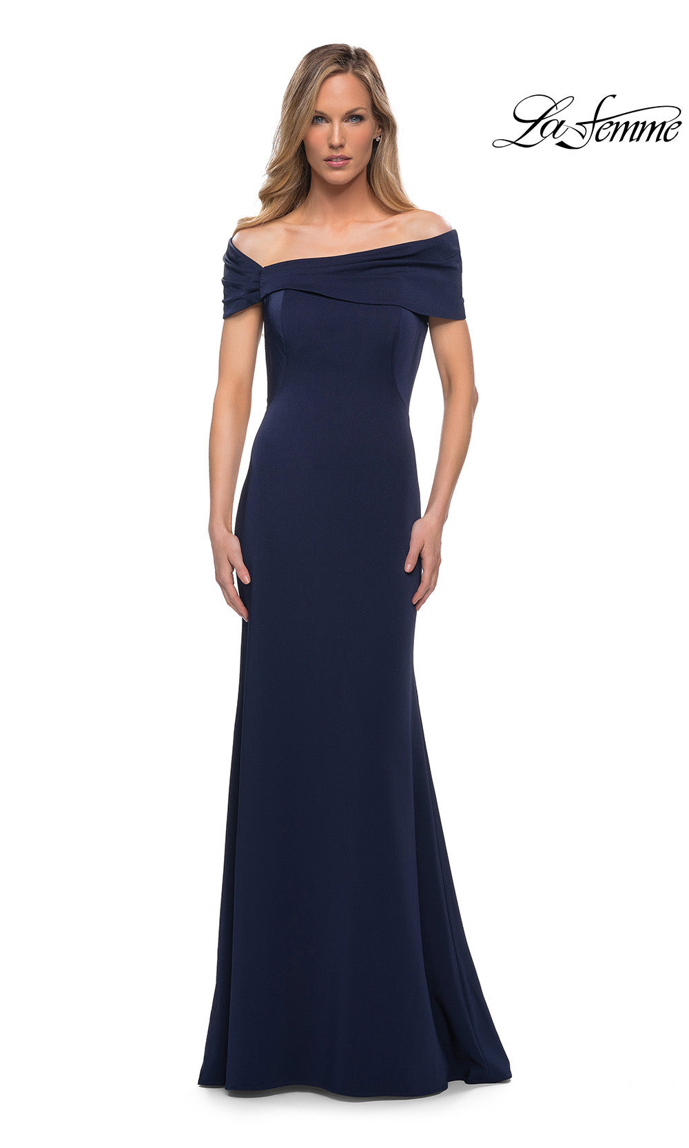 Navy off-shoulder evening gown on a white background with 'La Femme' branding.