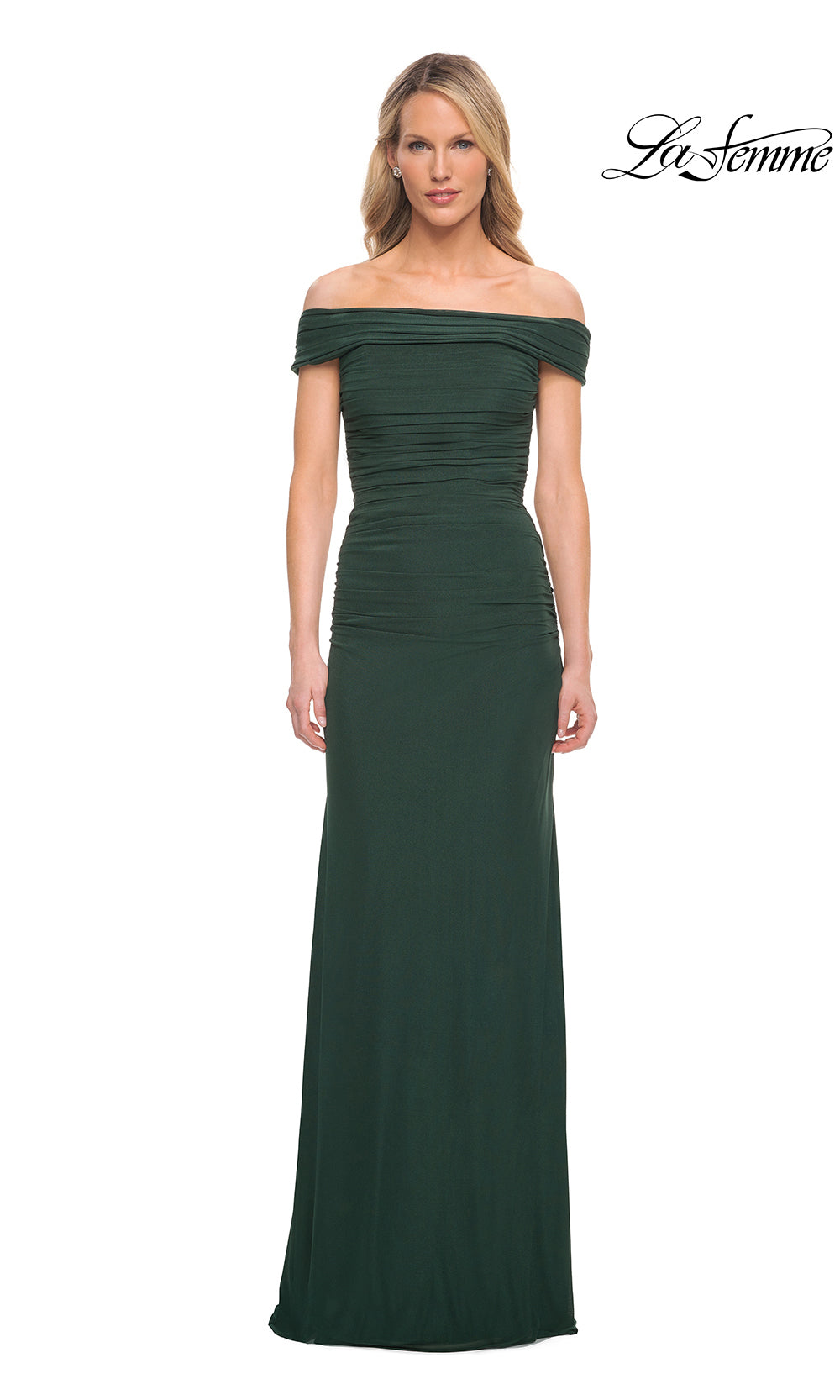 Woman wearing a green off-shoulder evening gown on a white background with 'La Femme' branding.