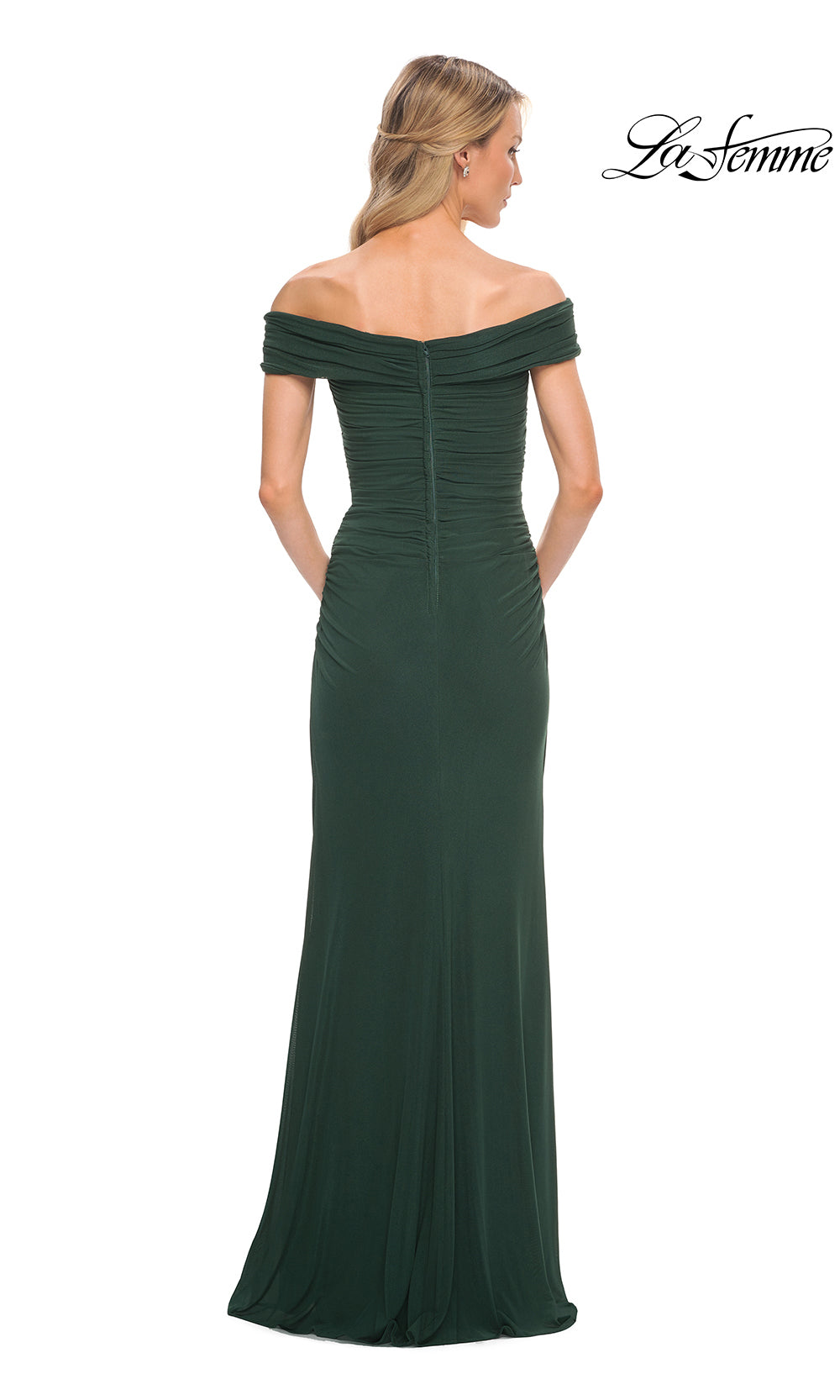 Green off-shoulder evening gown on a white background with 'La Femme' branding.