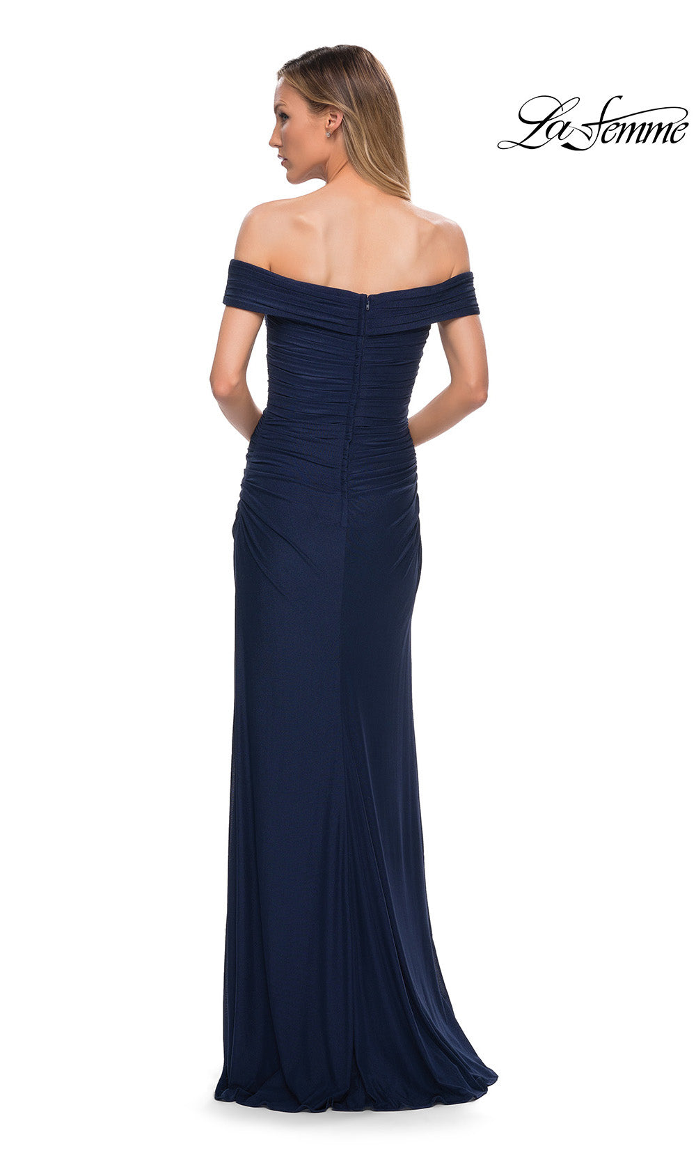 Navy off-shoulder evening gown on a white background with 'La Femme' branding.