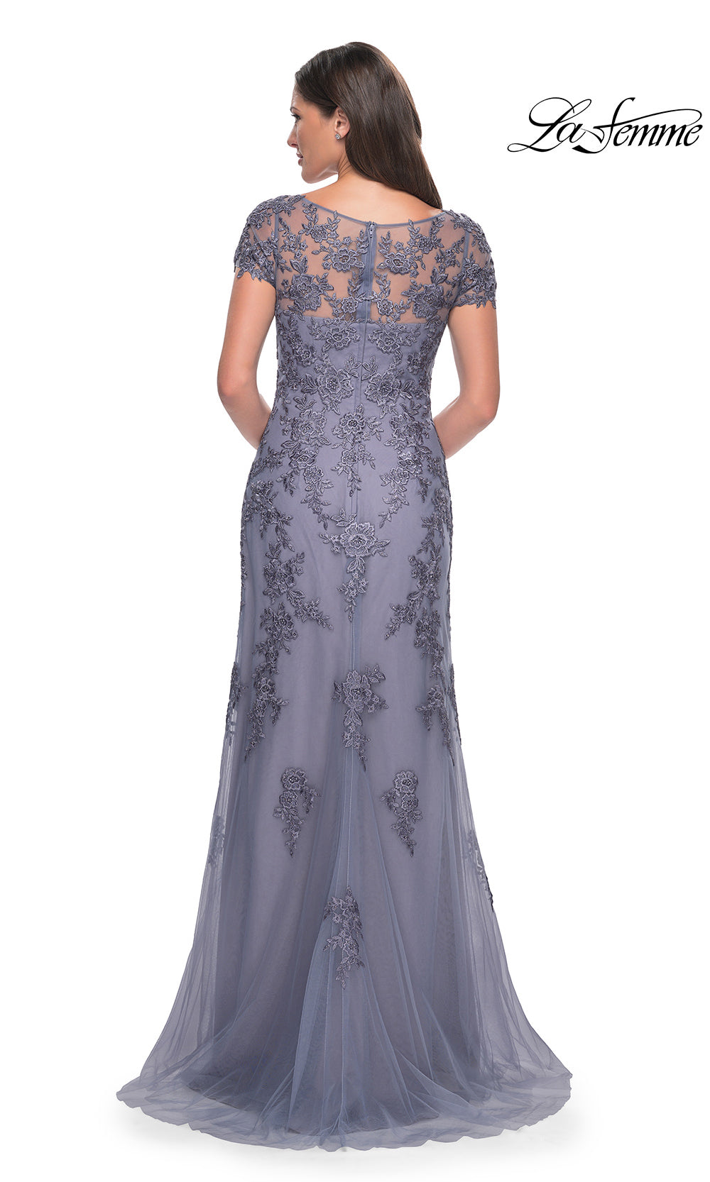 Long, lace evening gown with cap sleeves on a white background