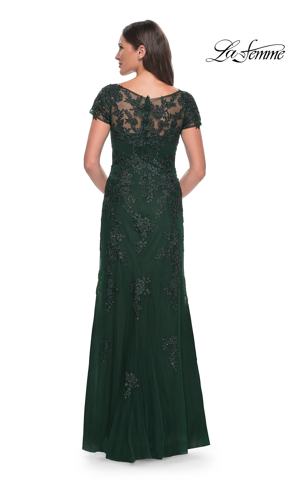 Long, Emerald evening gown with cap sleeves on a white background