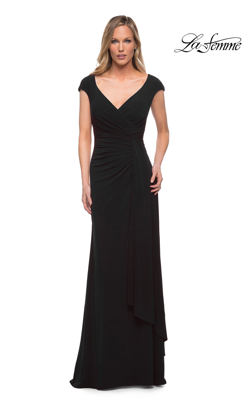 Black evening gown on a white background with 'La Femme' branding.