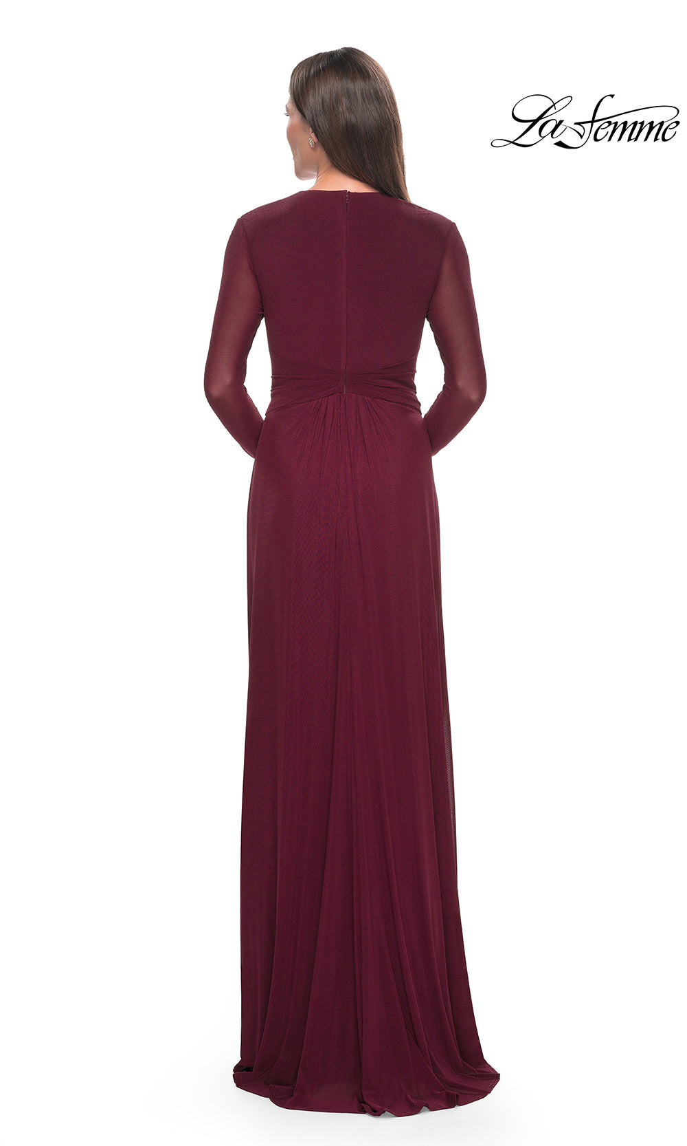 Burgundy evening gown with long sleeves on a white background, brand 'La Femme' visible.