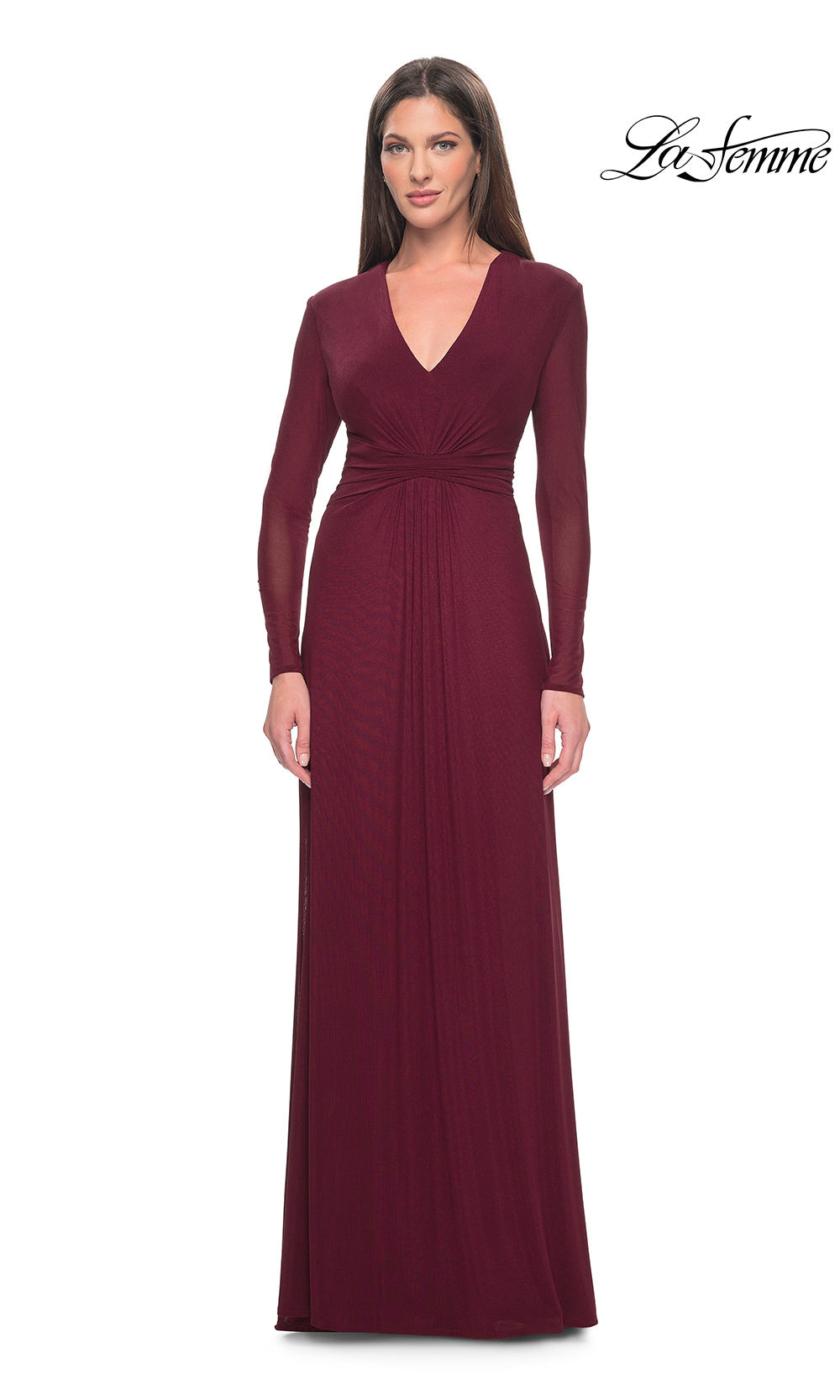 Burgundy evening gown with long sleeves on a white background, featuring the brand 'La Femme'.
