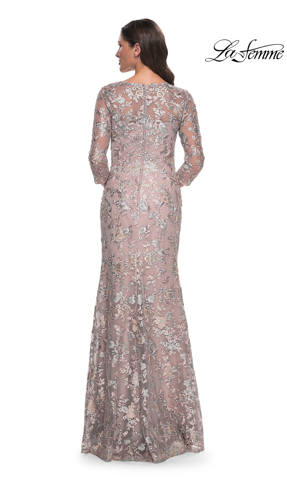 Long, floral-patterned evening gown on a white background with 'La Femme' branding.