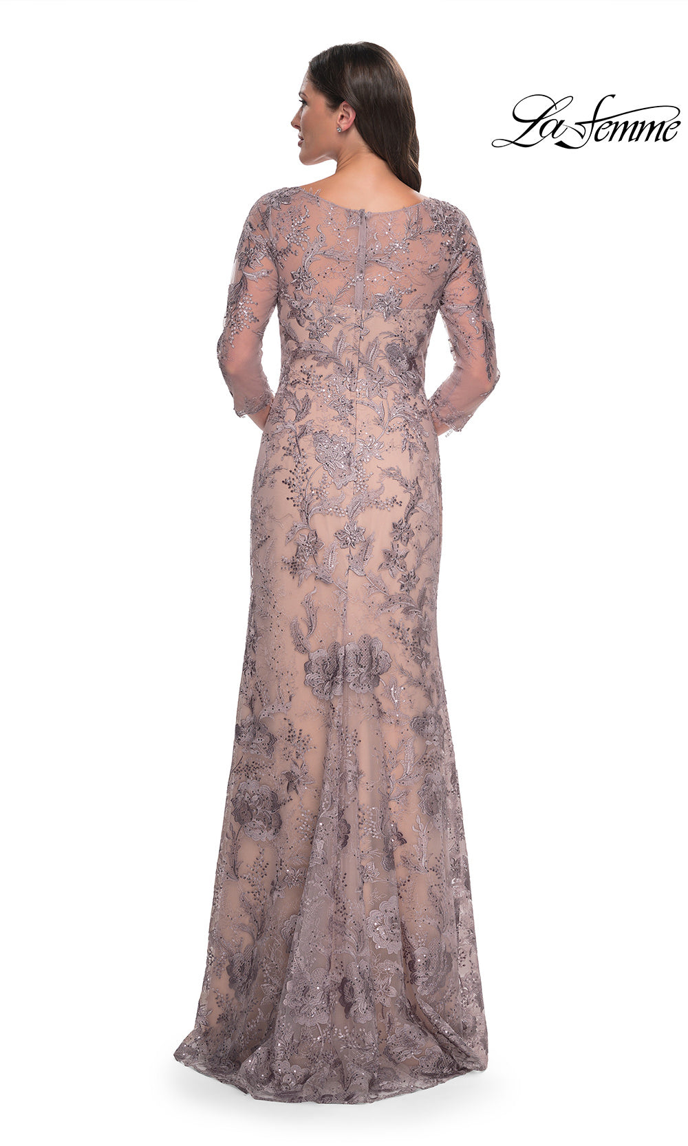 Long lace evening gown on a white background with 'La Femme' branding.