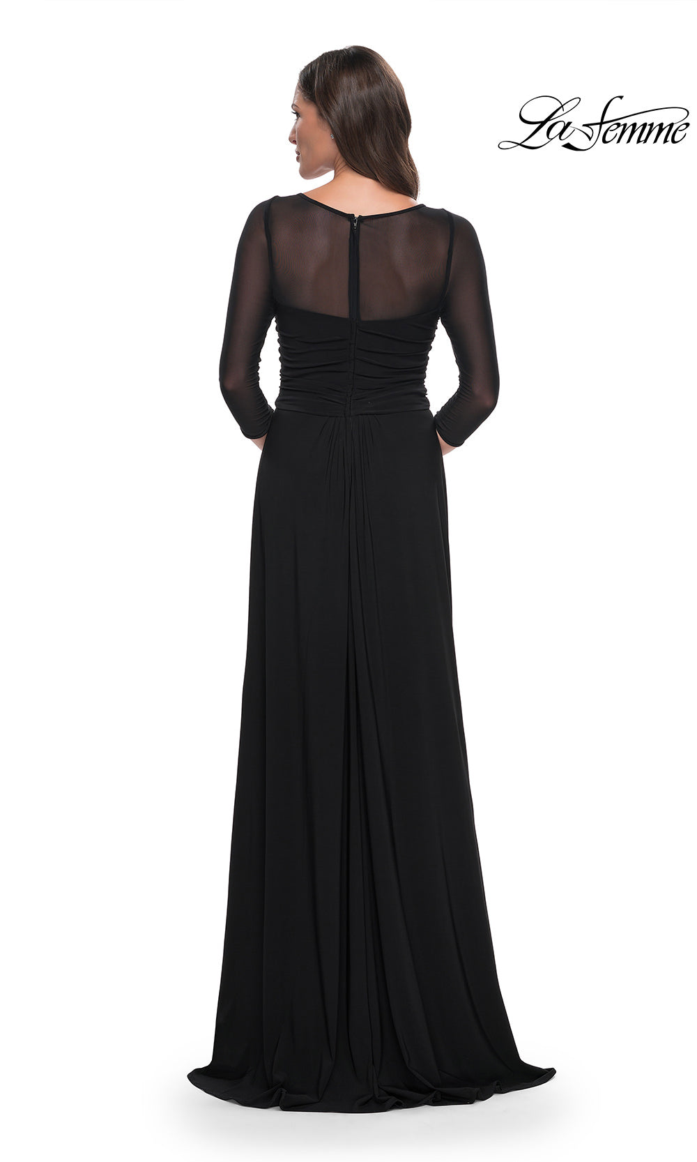 Black evening gown with sheer back on a white background, brand 'La Femme' visible.