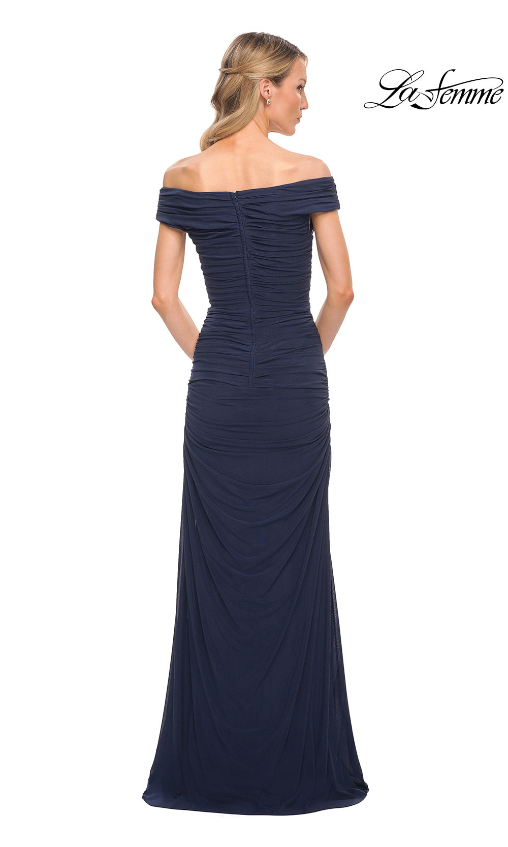 Navy off-shoulder evening gown on a white background