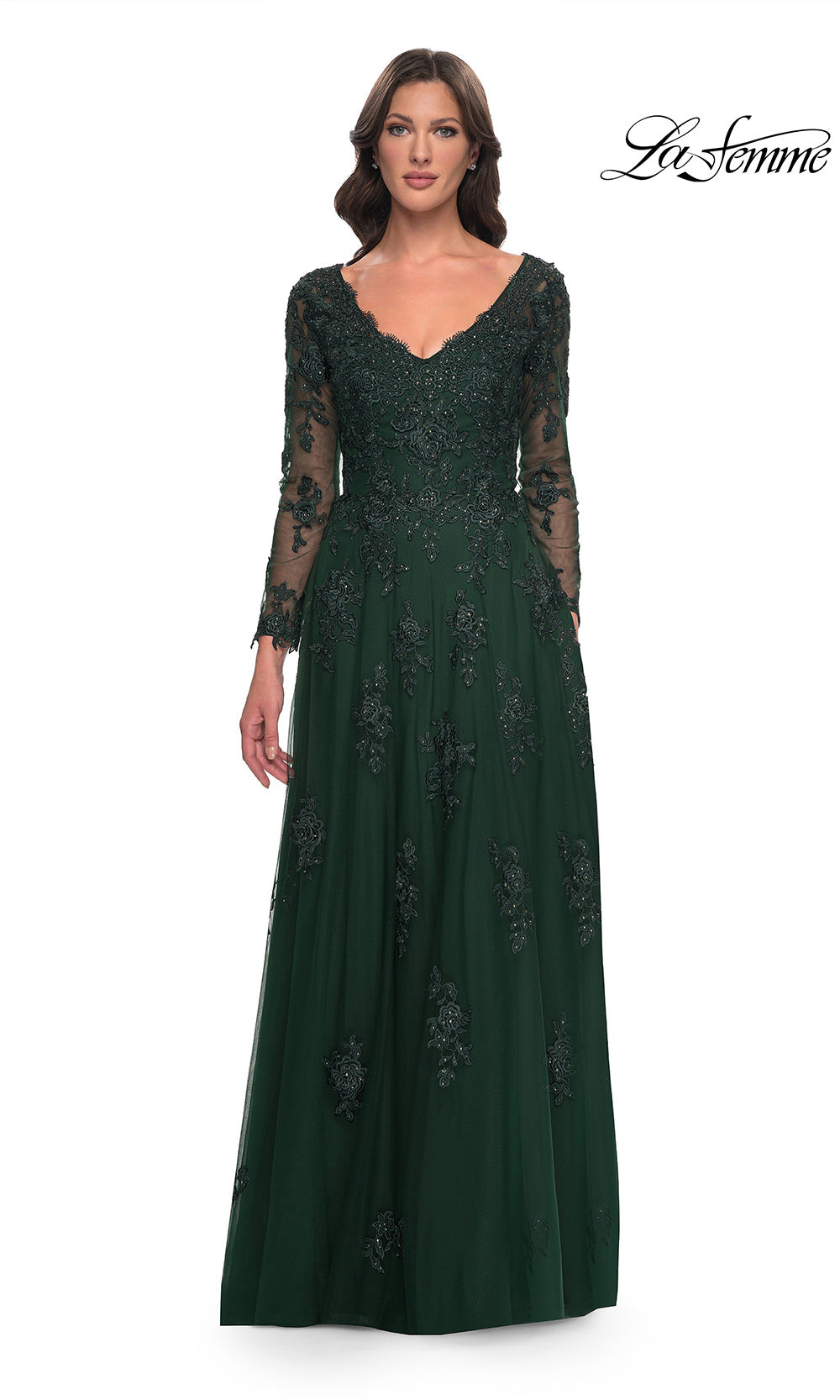 Green lace evening gown on a white background with 'La Femme' branding.