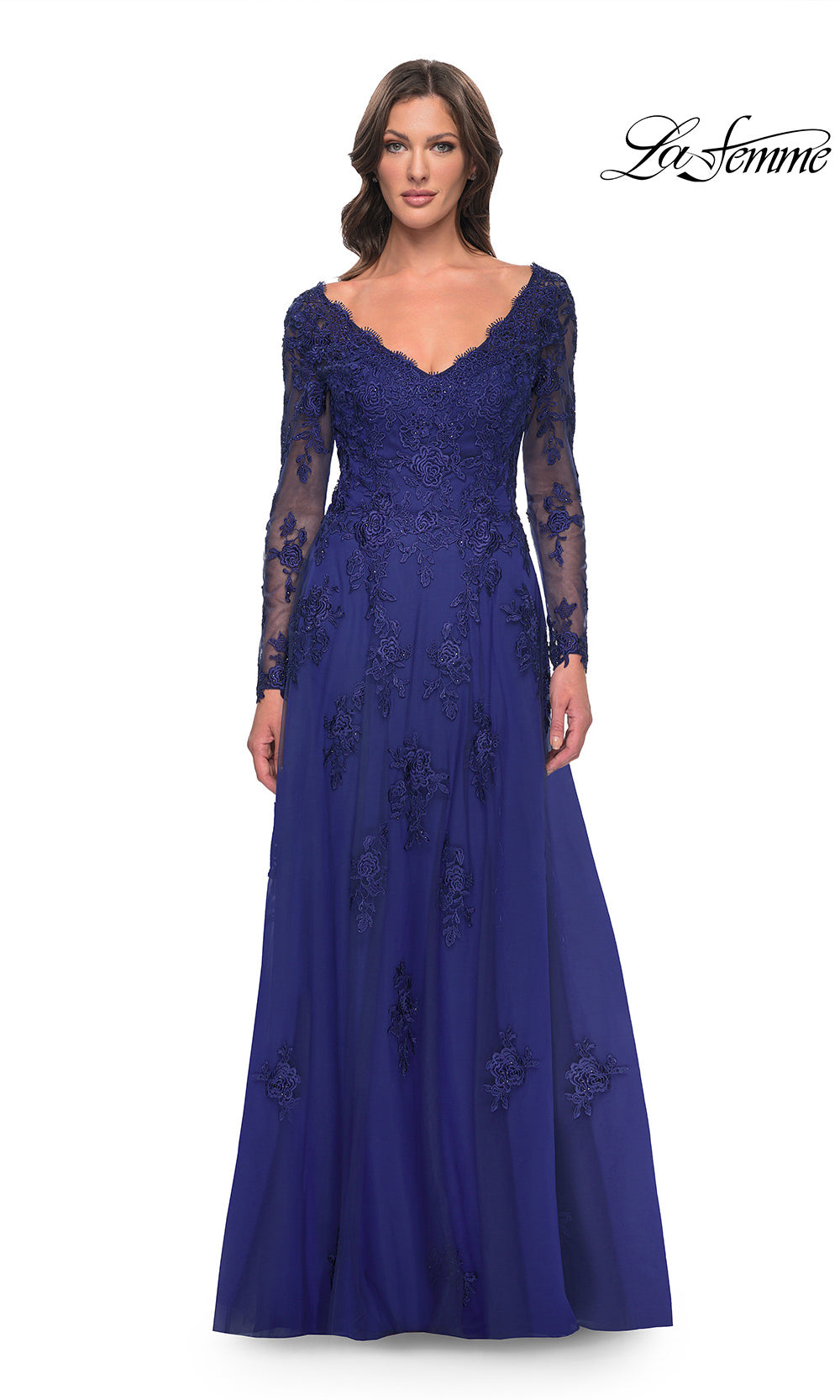Long-sleeve blue evening gown with lace details on a white background