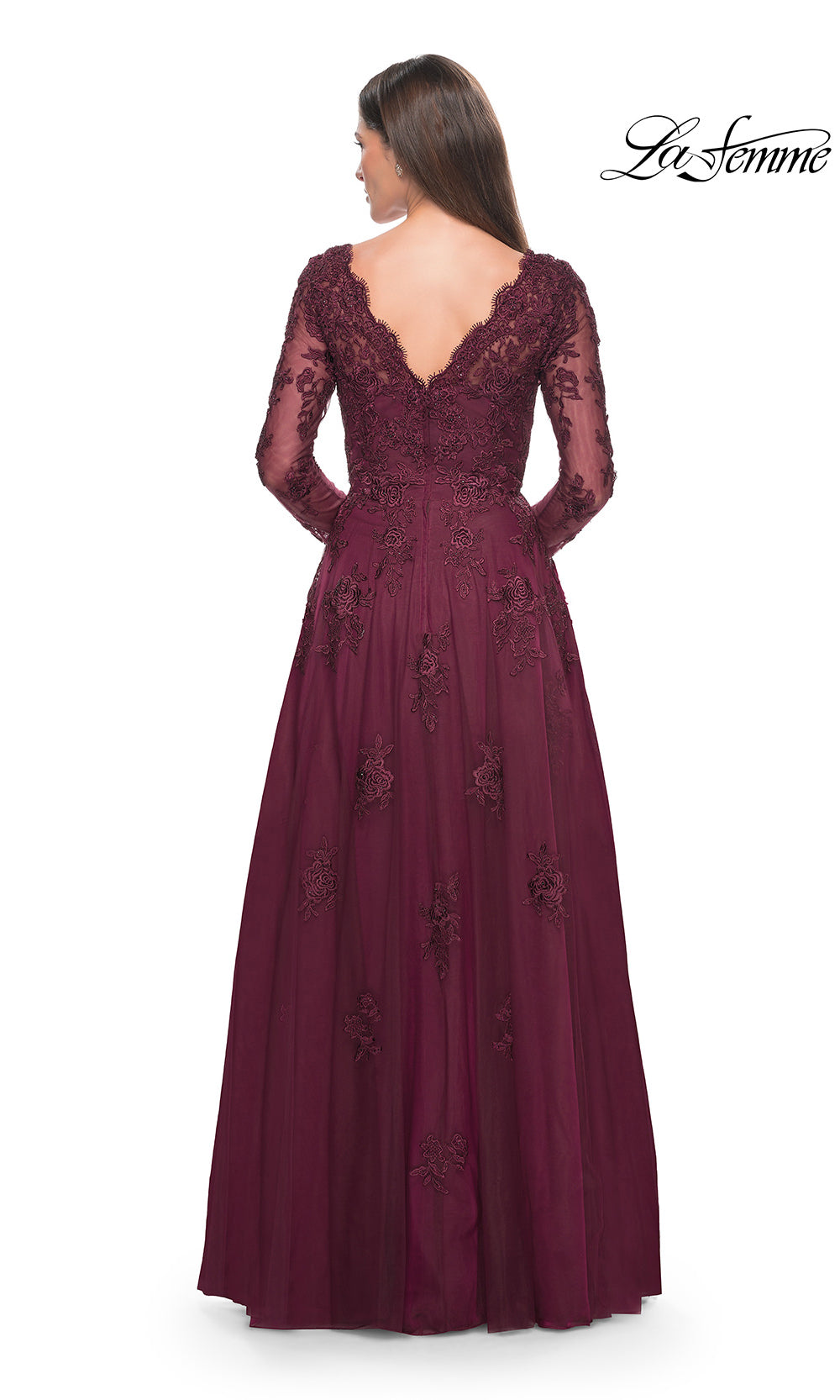 Long burgundy evening gown with lace detailing on a white background