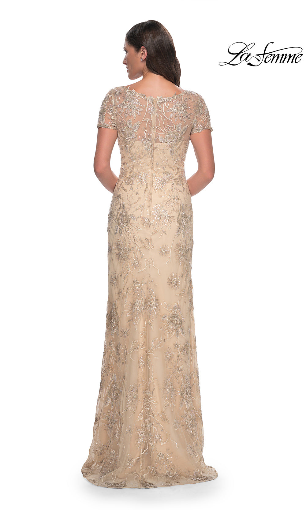 Woman wearing a long, beaded evening gown on a white background with 'La Femme' branding.