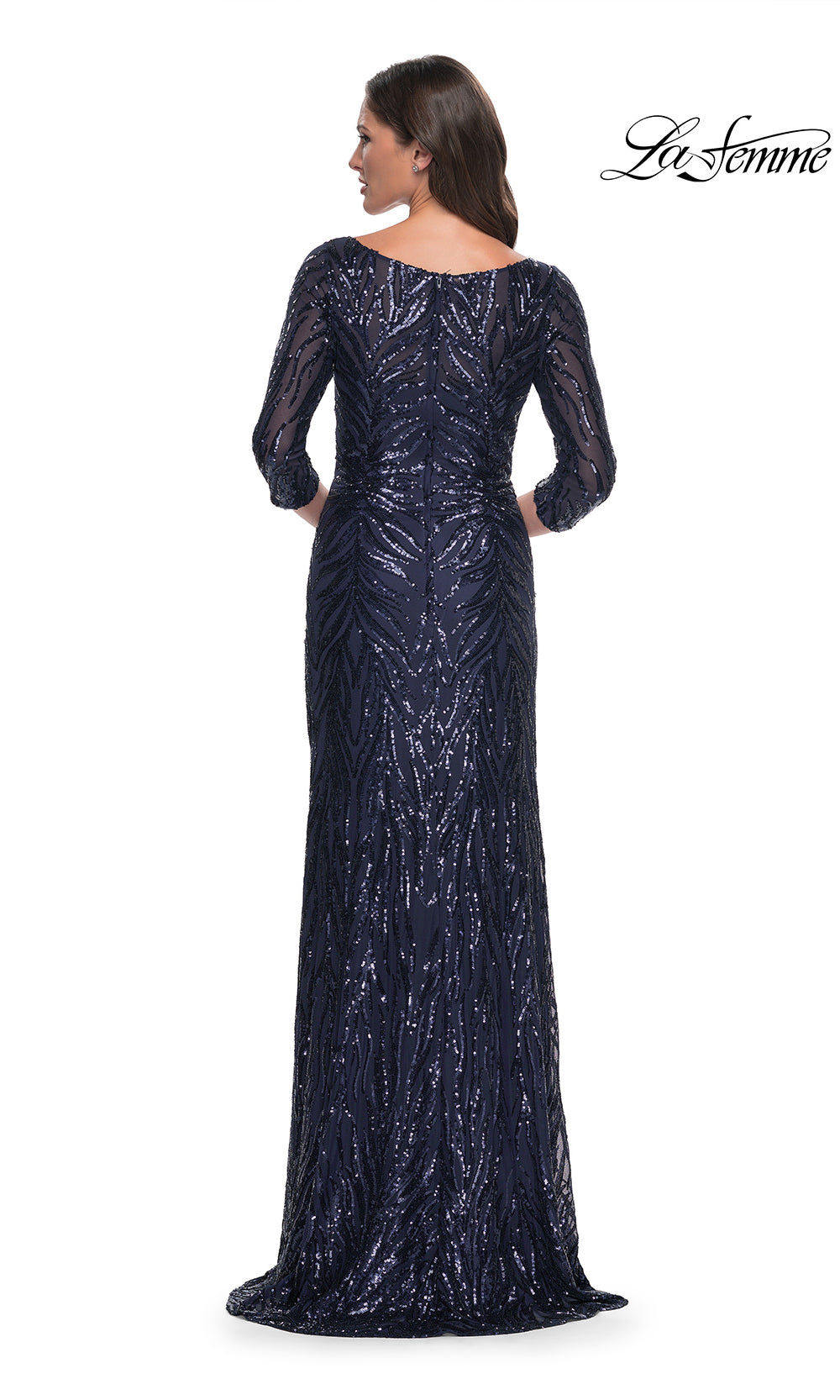 Navy sequin evening gown with long sleeves on a white background