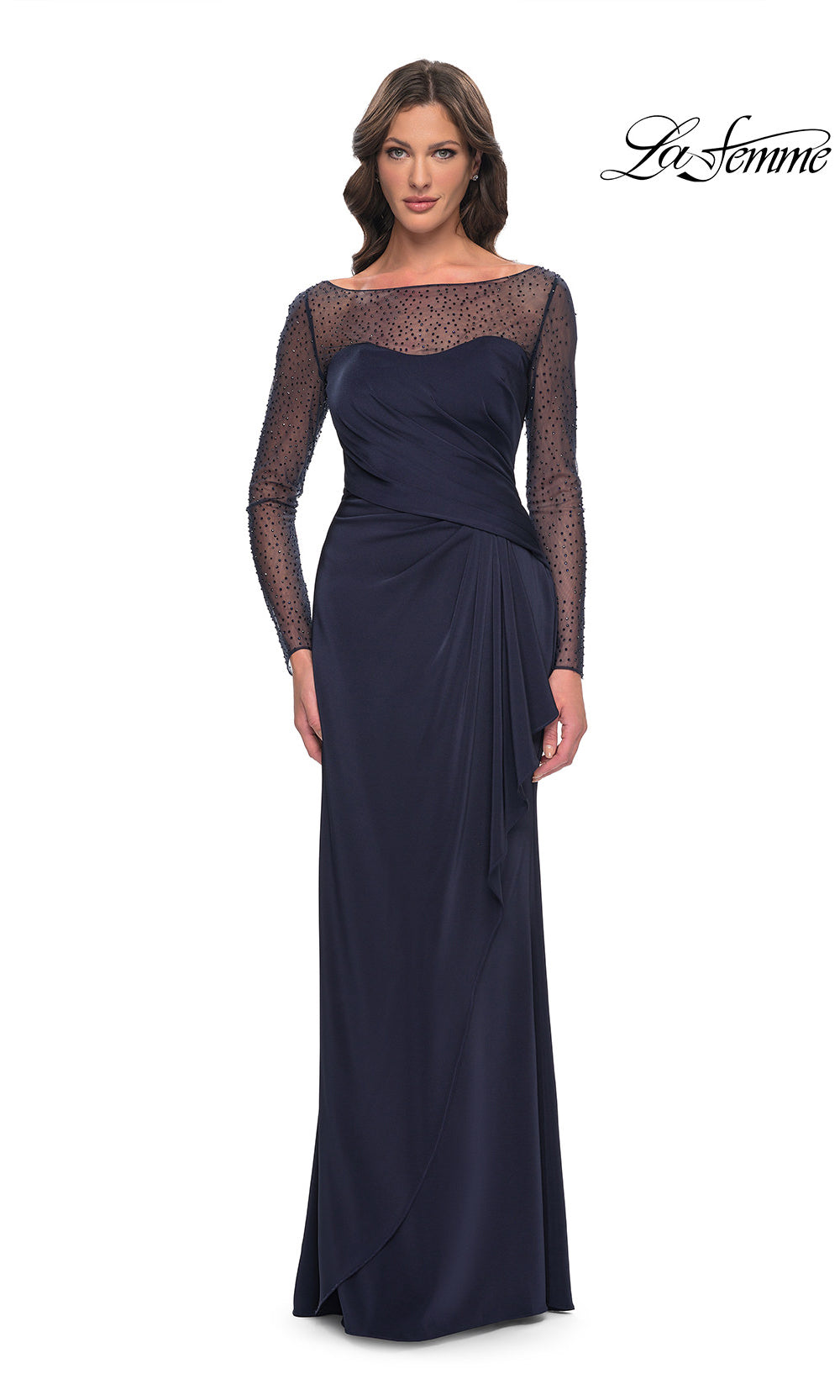 Navy blue evening gown with sheer long sleeves on a white background