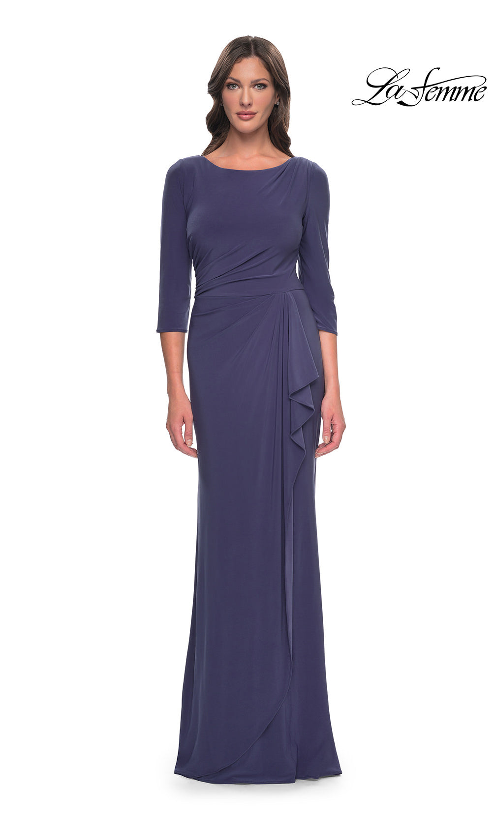 Navy blue evening gown with a draped design on a white background, featuring the brand 'La Femme'.