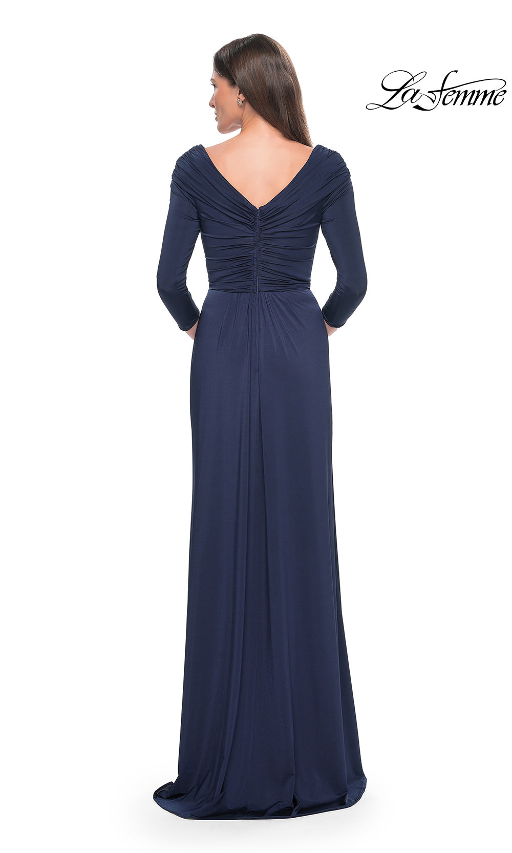Navy blue evening gown with a V-neckline on a white background, featuring the brand 'La Femme'.