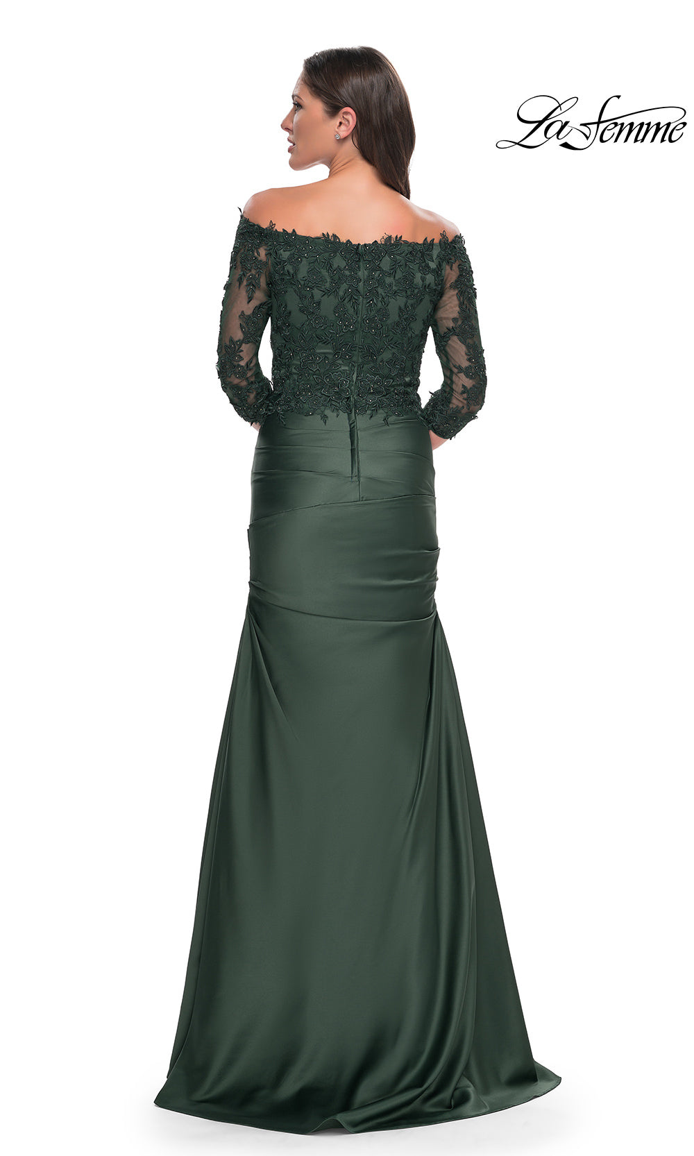 Green evening gown with lace top and satin skirt on a white background