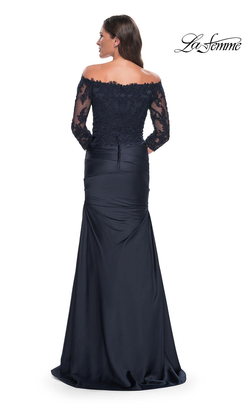 Navy off-shoulder evening gown with lace detailing on a white background