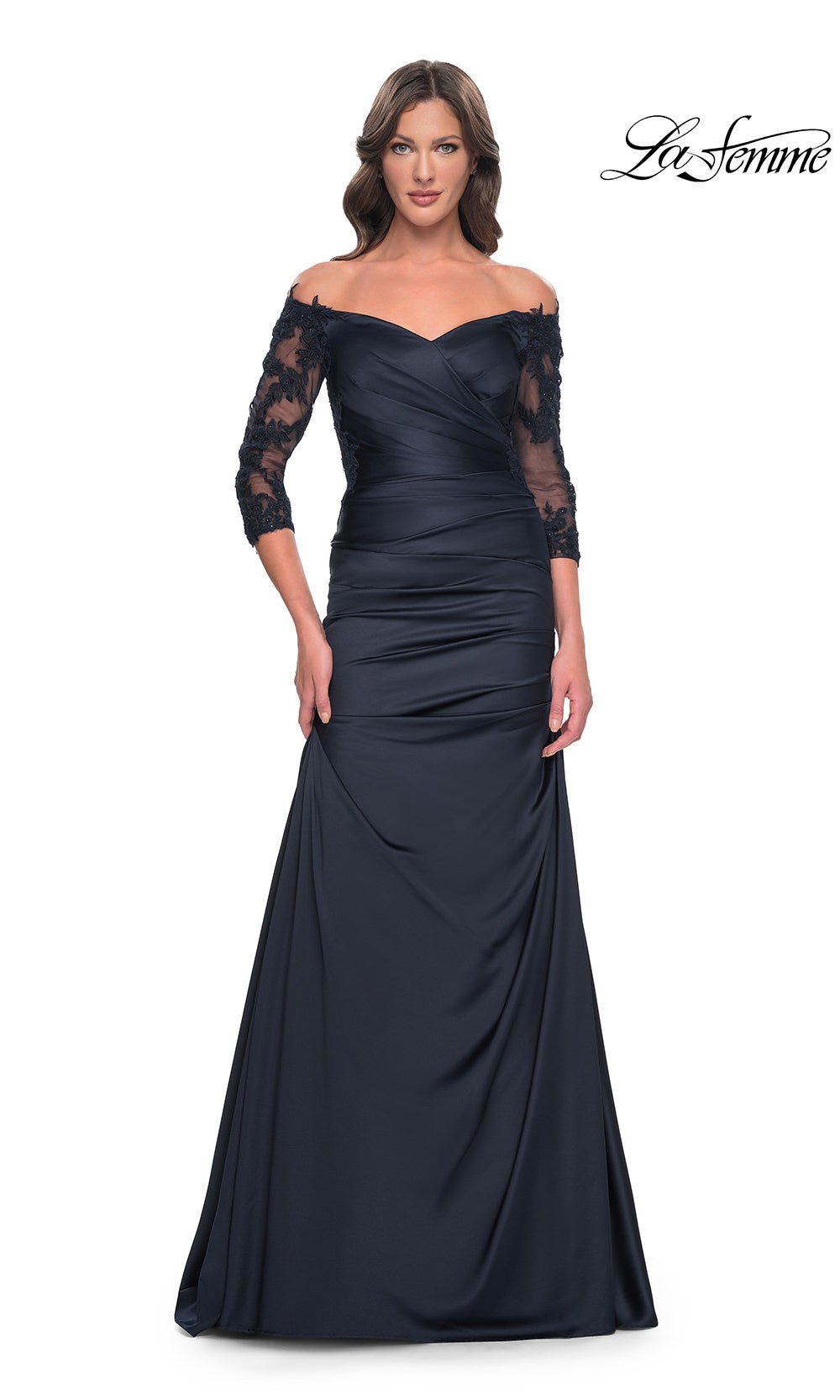 Navy blue evening gown with lace sleeves on a white background