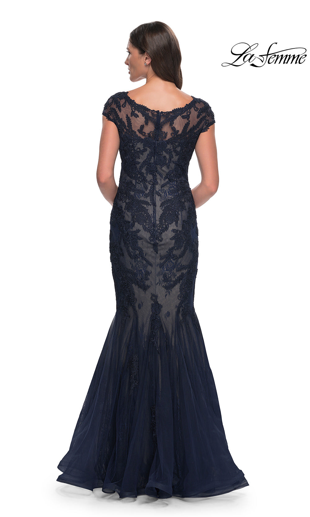 Navy blue lace evening gown on a white background