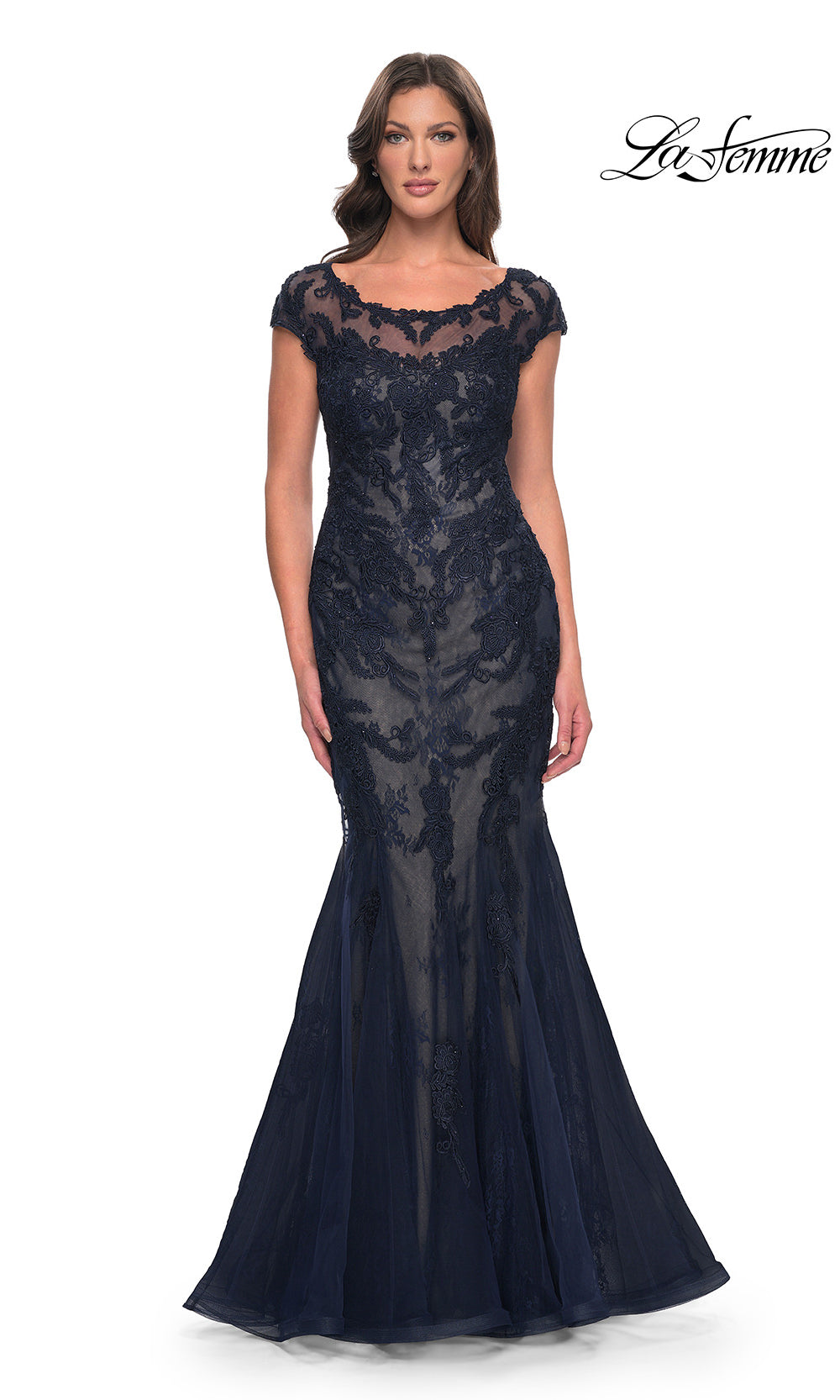 Navy lace evening gown on a white background with 'La Femme' branding.
