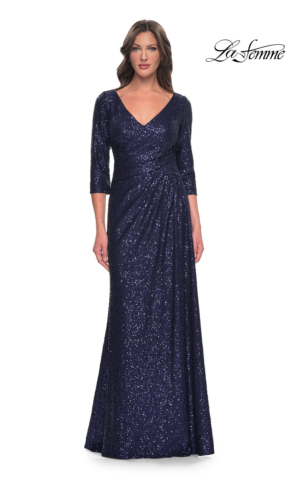 Navy blue sequin evening gown with long sleeves on a white background