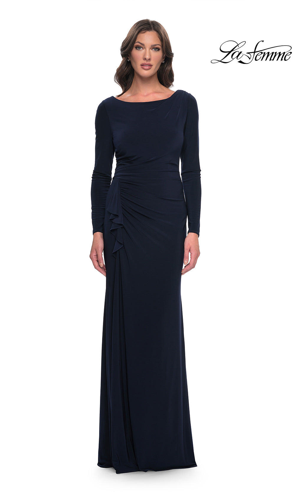 Navy blue evening gown with long sleeves on a white background