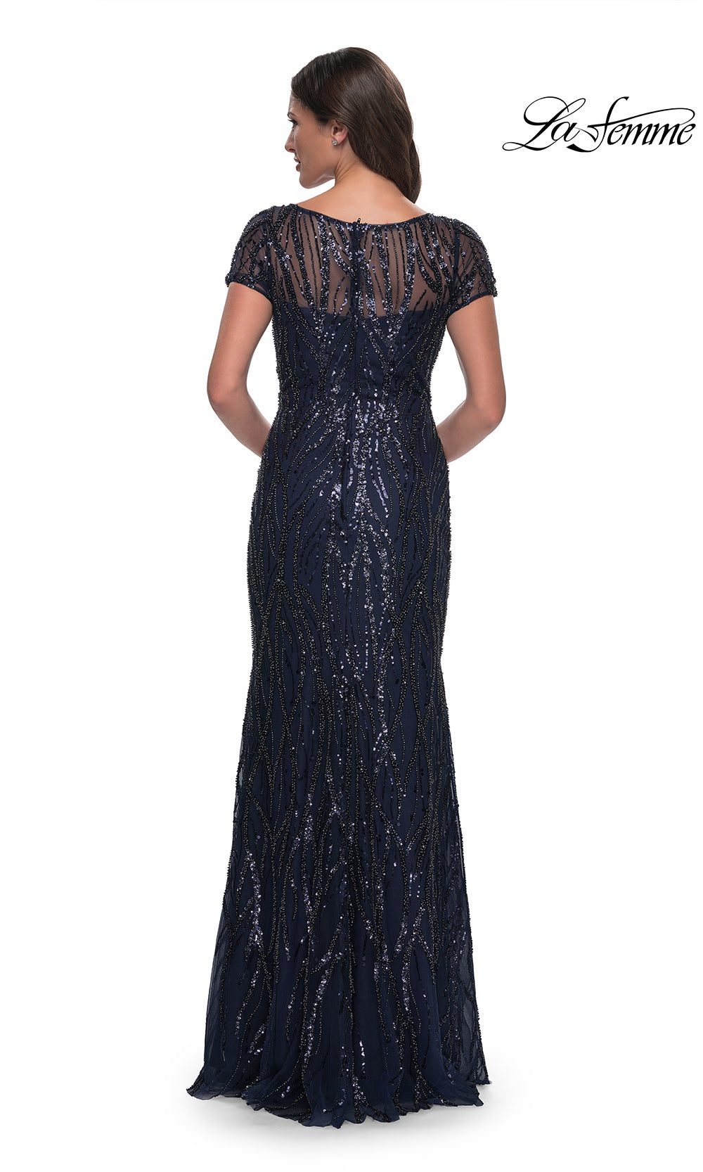 Navy blue sequin evening gown with cap sleeves on a white background