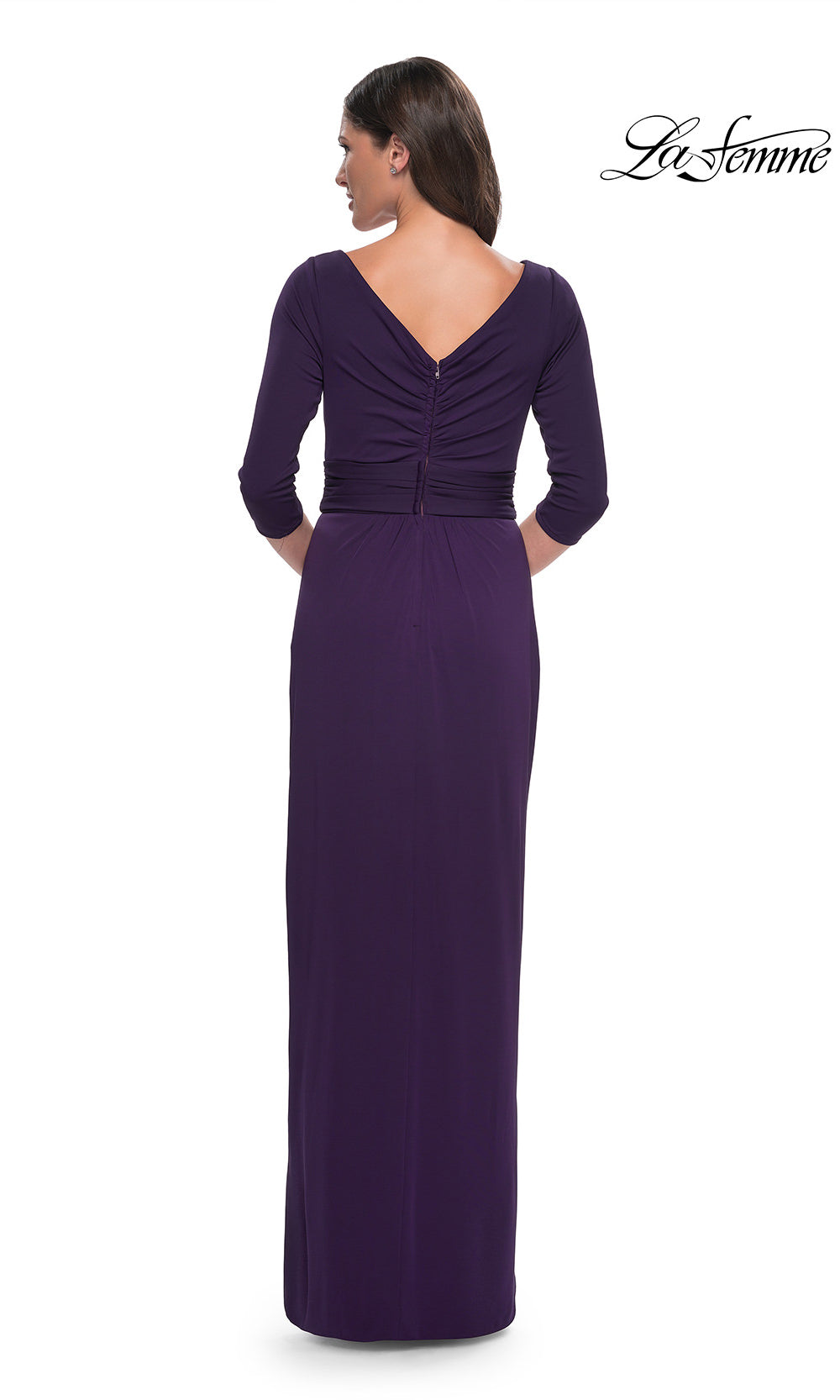 Purple evening gown with a V-neckline and long skirt on a white background, brand 'La Femme' visible.