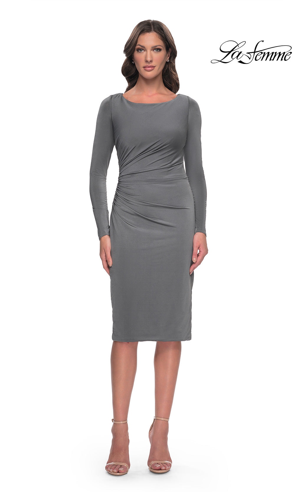 Woman wearing a gray dress with long sleeves on a white background, branded 'La Femme'.