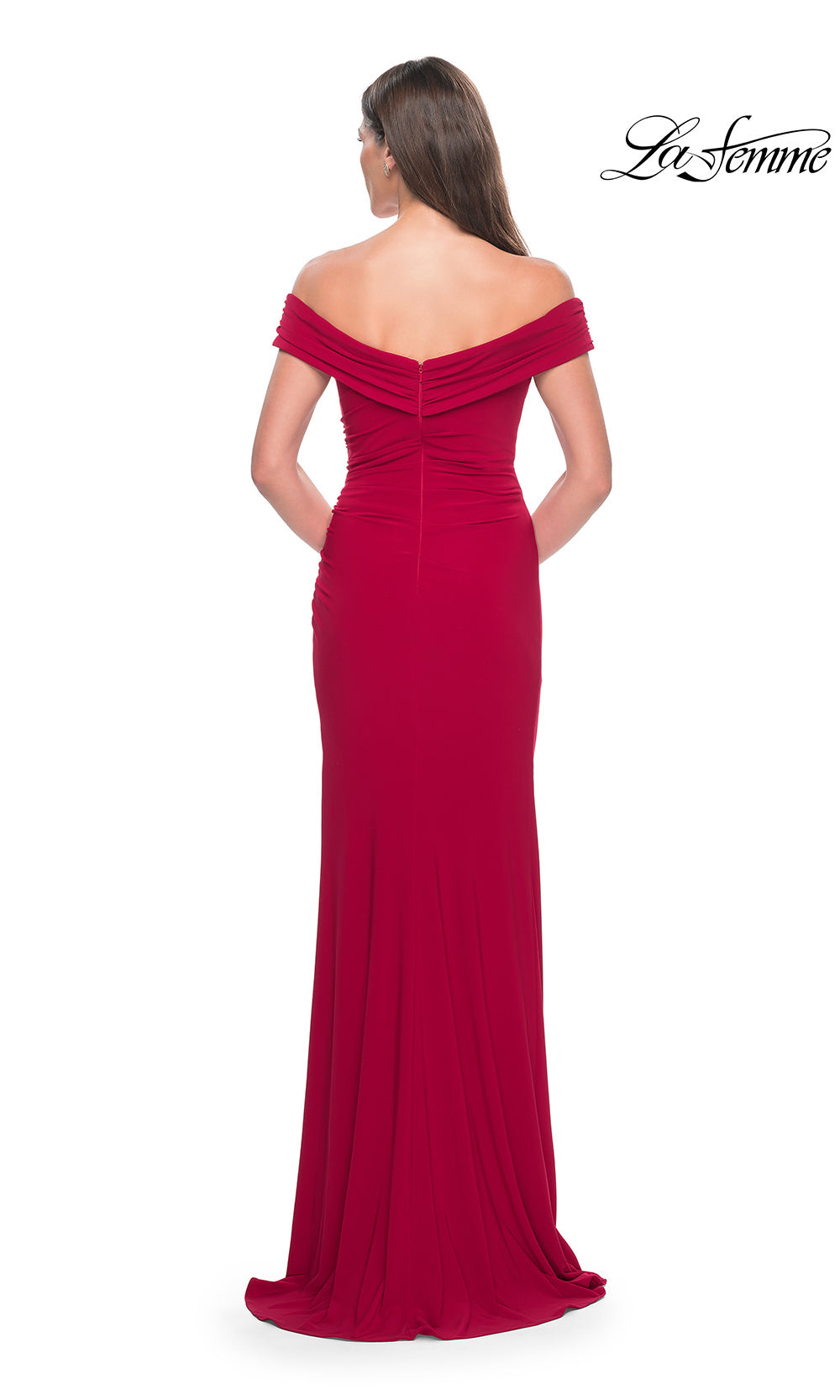 Red off-shoulder evening gown on a white background with 'La Femme' branding.