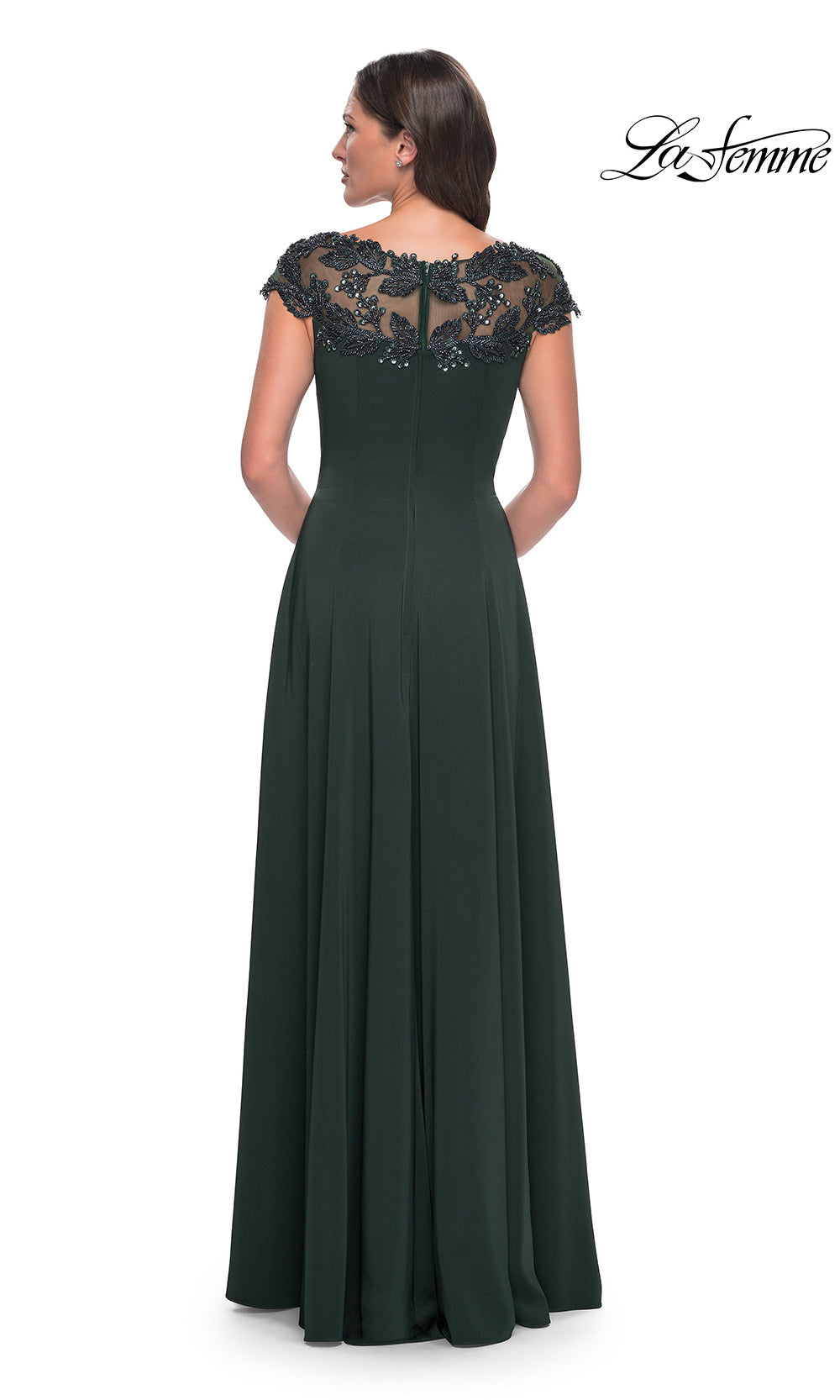 Dark green evening gown with lace cap sleeves on a white background, featuring the brand 'La Femme'.