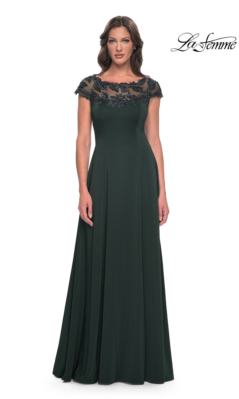 Dark green evening gown with lace top on a white background