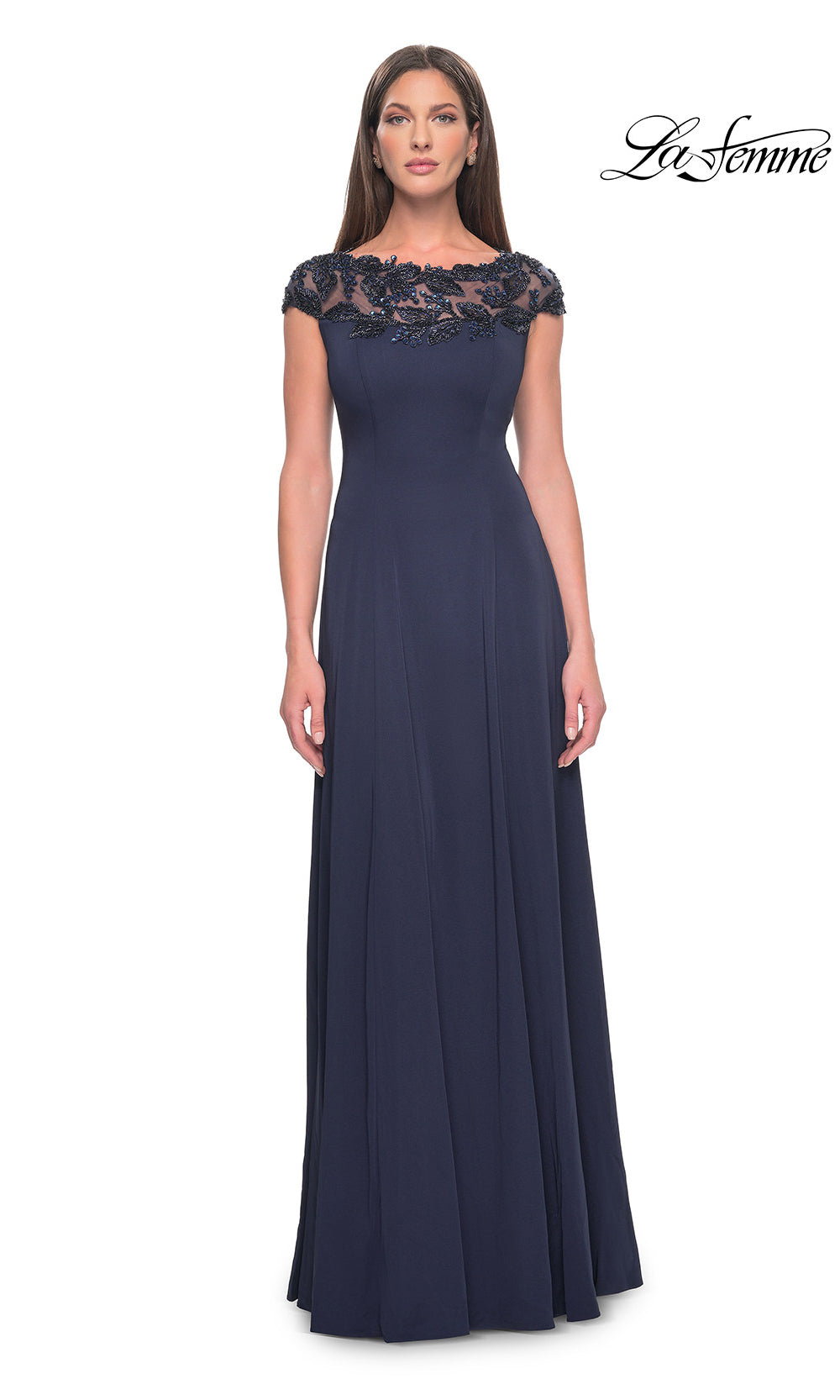 Navy evening gown with lace top on a white background