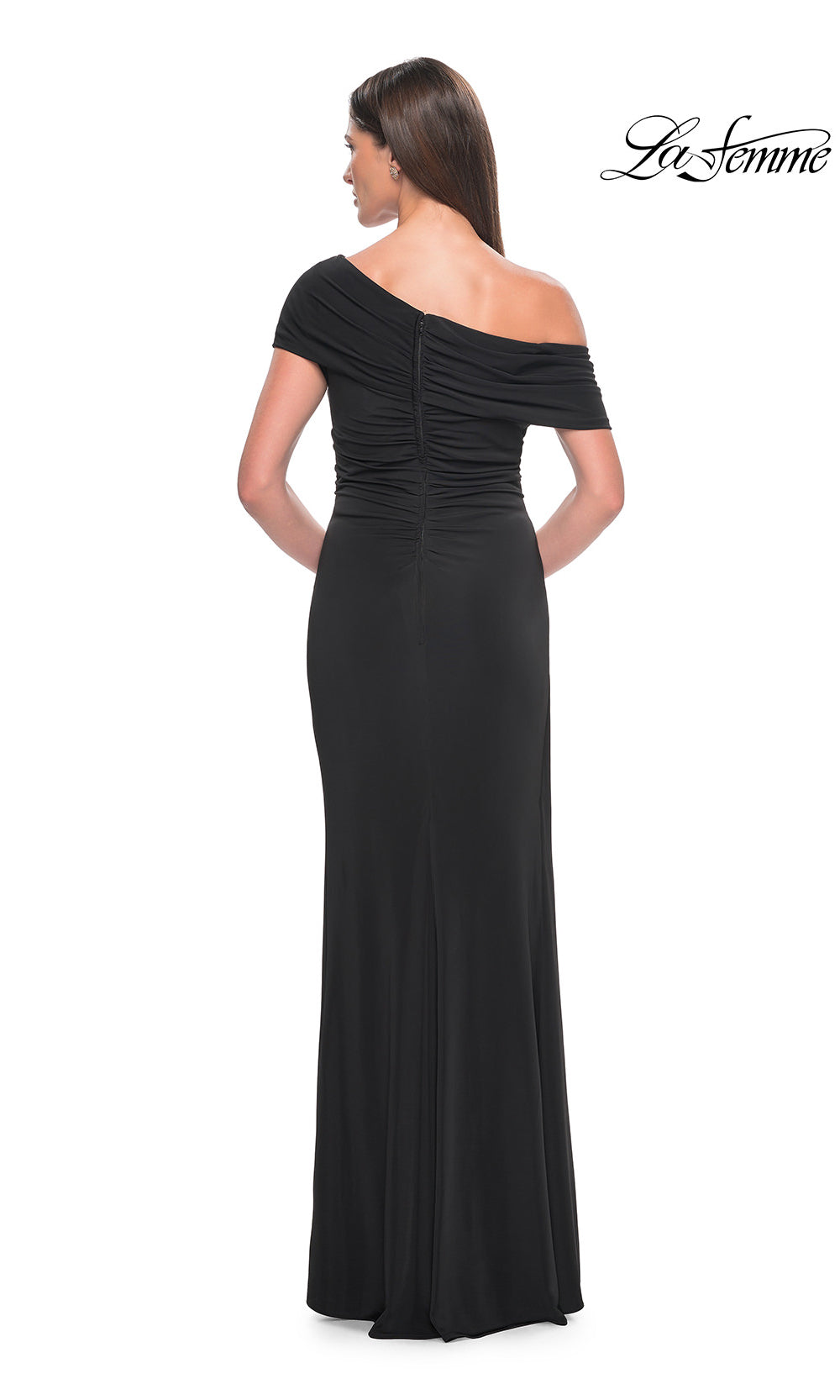 Black one-shoulder evening gown on a white background with 'La Femme' branding.