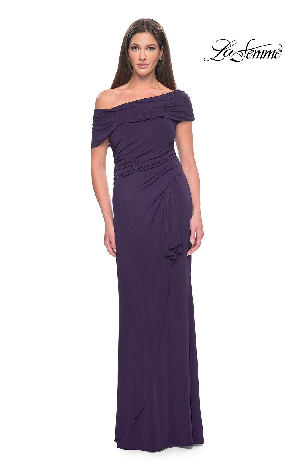 Woman wearing a purple off-shoulder gown on a white background with 'La Femme' branding.
