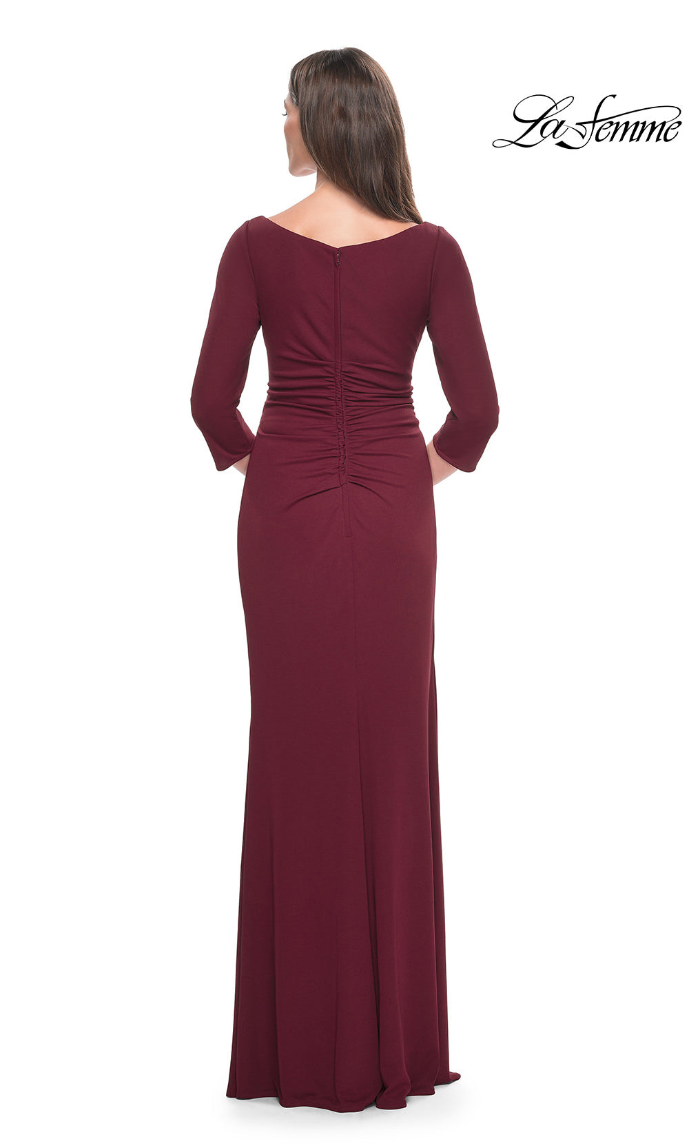 Burgundy evening gown with long sleeves on a white background, brand 'La Femme' visible.