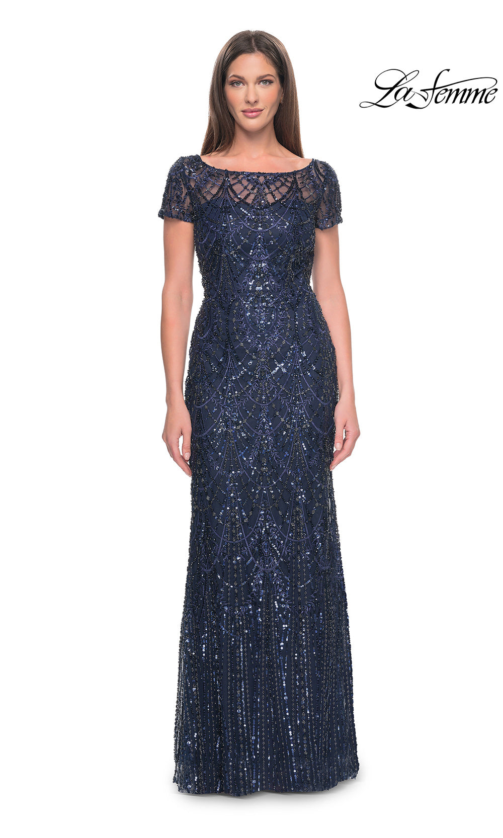 Navy blue evening gown with lace detailing on a white background