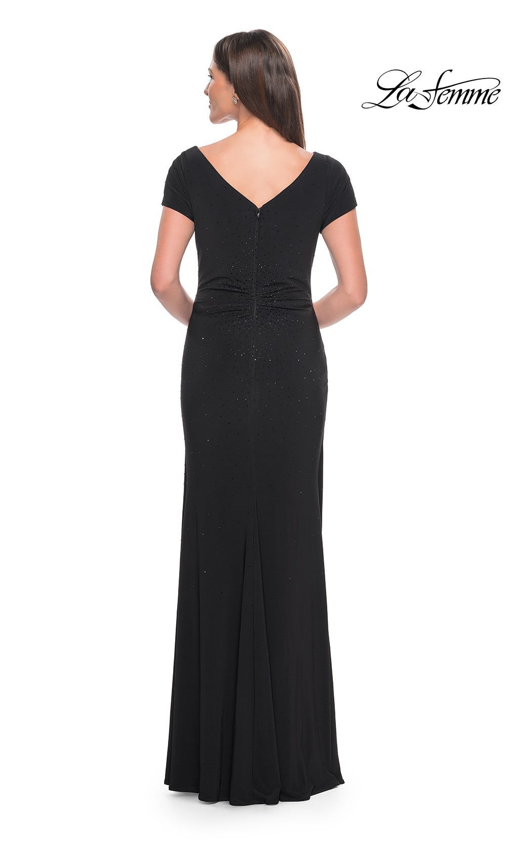 Black evening gown with cap sleeves on a white background, featuring the brand 'La Femme'.