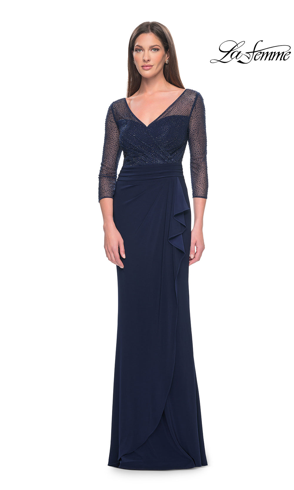 Navy blue evening gown with sheer sleeves on a white background, featuring the brand 'La Femme'.