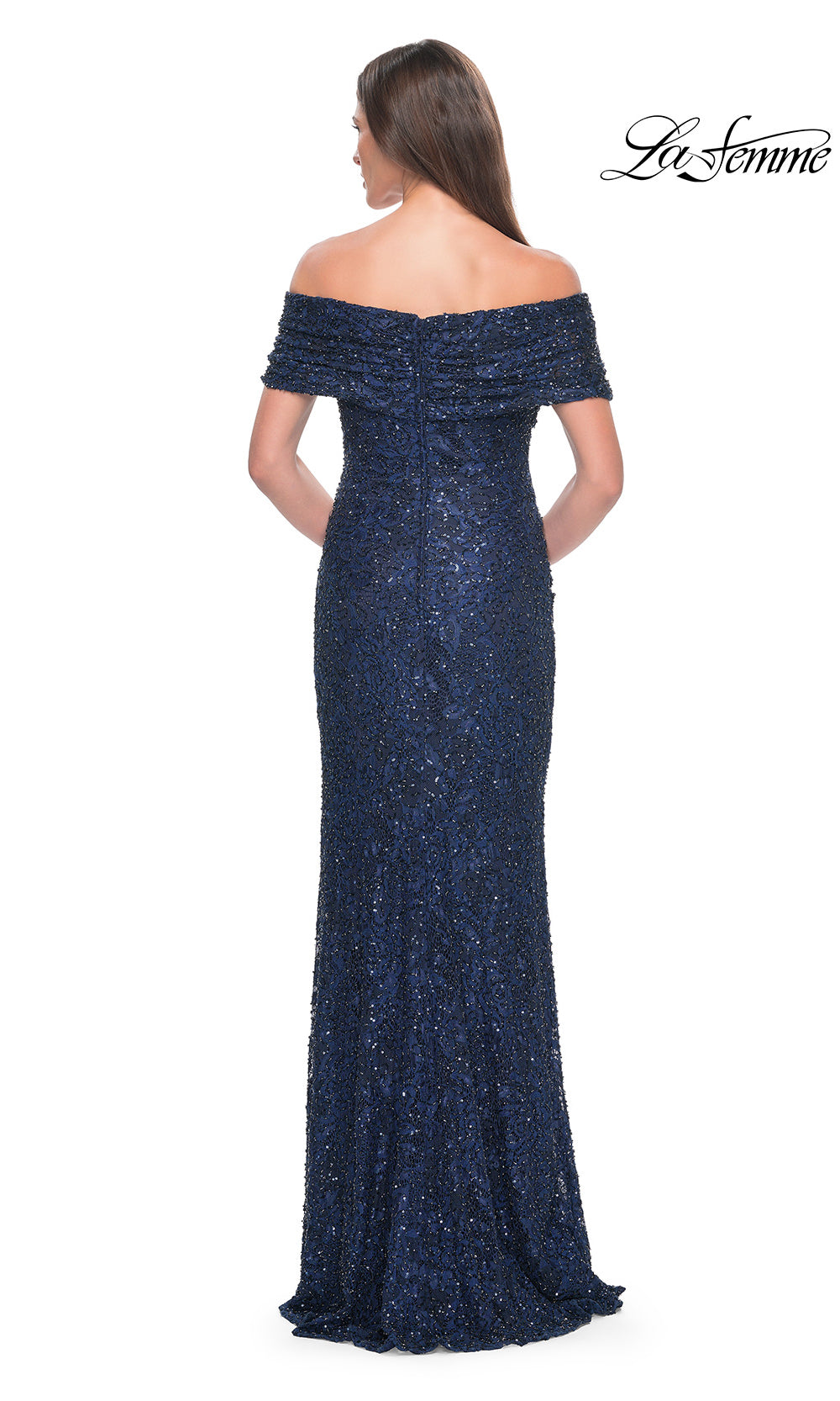 Navy blue off-shoulder evening gown on a white background