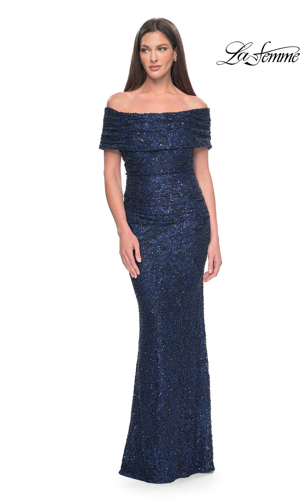 Woman wearing a blue off-shoulder evening gown on a white background