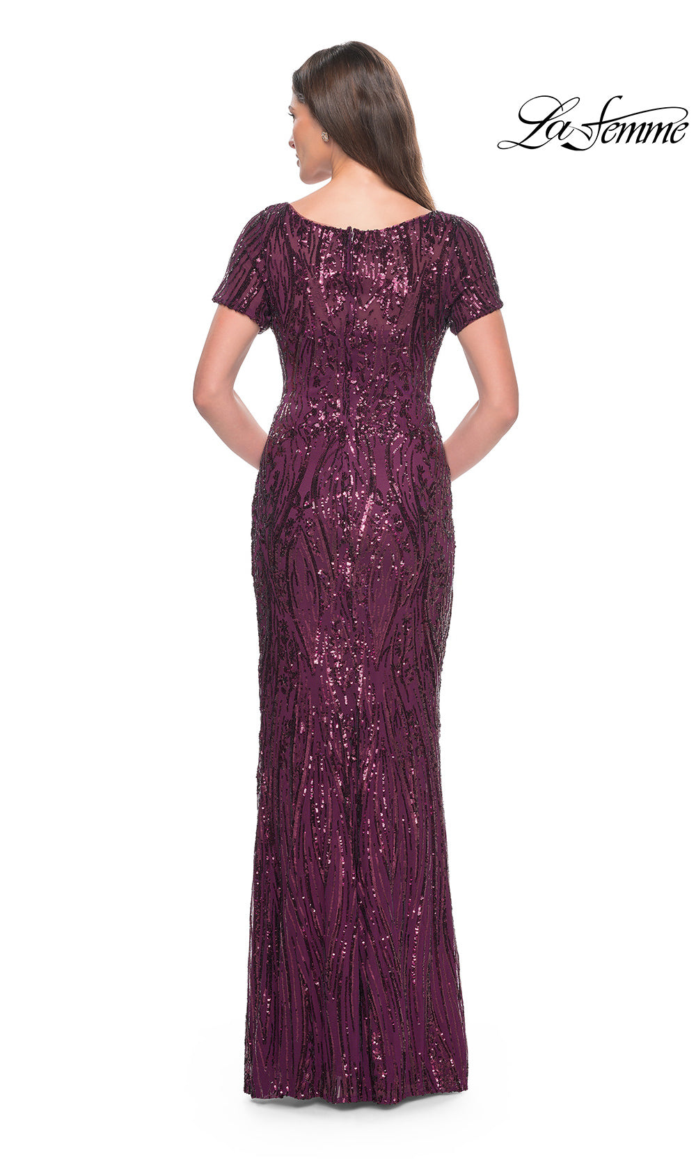Purple sequin evening gown on a white background with 'La Femme' branding.